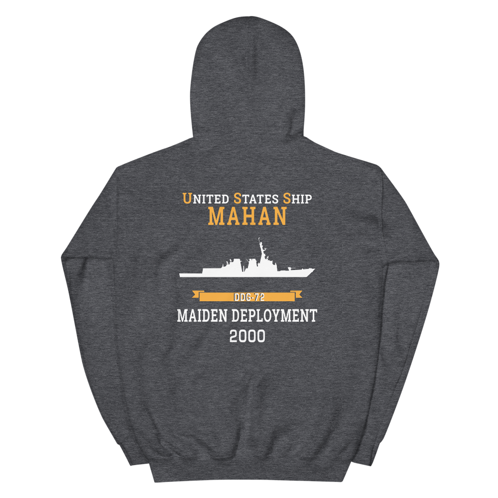 USS Mahan (DDG-72) 2000 MAIDEN DEPLOYMENT Unisex Hoodie – back view, heather