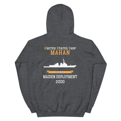 USS Mahan (DDG-72) 2000 MAIDEN DEPLOYMENT Unisex Hoodie – back view, heather