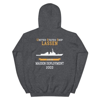 USS Lassen (DDG-82) 2003 MAIDEN DEPLOYMENT Unisex Hoodie – back view, heather