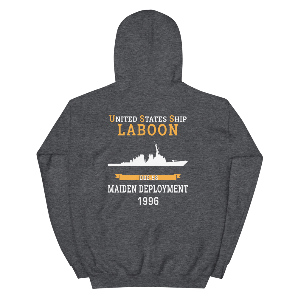 USS Laboon (DDG-58) 1996 MAIDEN DEPLOYMENT Unisex Hoodie – back view, heather