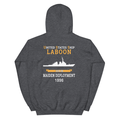 USS Laboon (DDG-58) 1996 MAIDEN DEPLOYMENT Unisex Hoodie – back view, heather