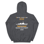 USS Kidd (DDG-100) 2009 MAIDEN DEPLOYMENT Unisex Hoodie – back view, heather