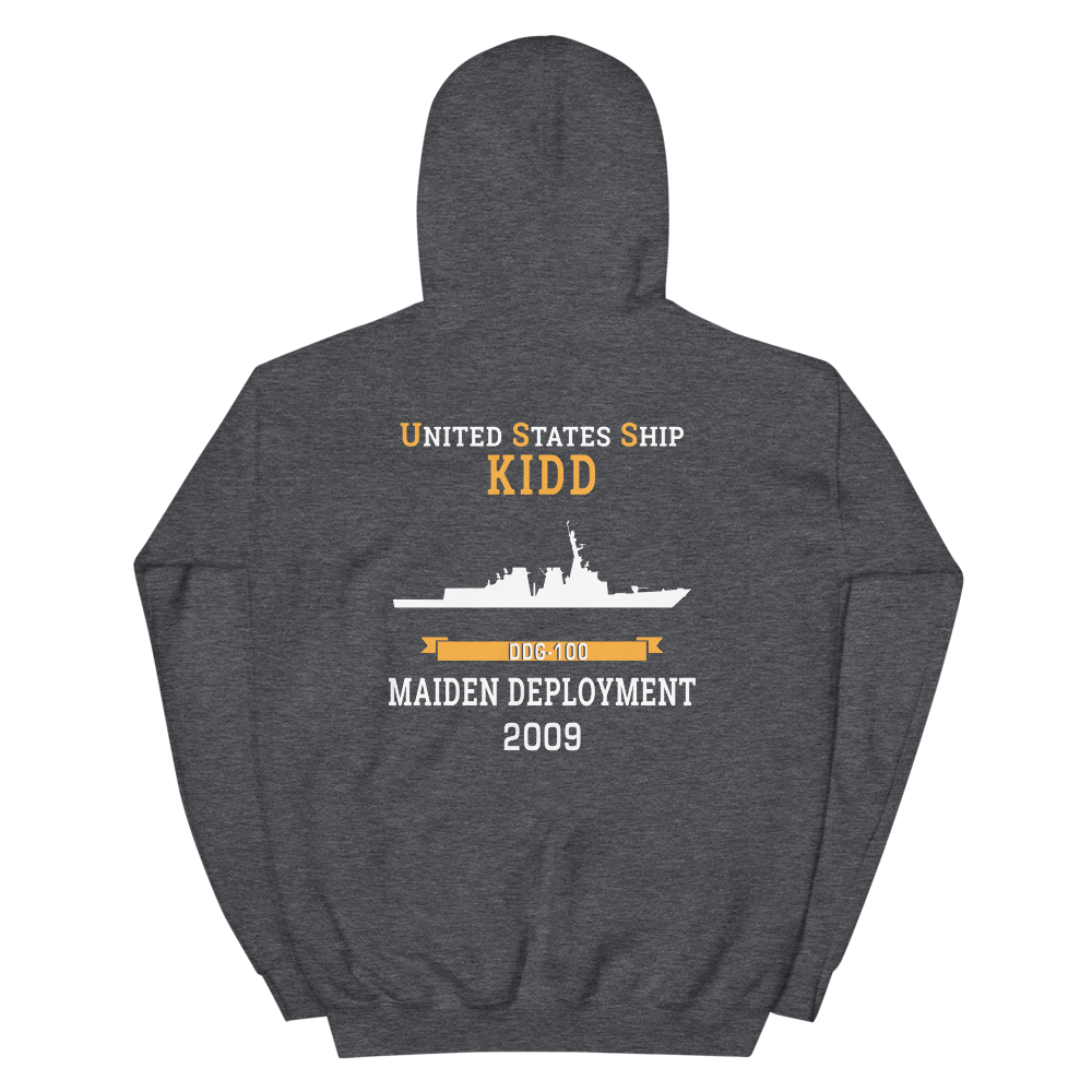 USS Kidd (DDG-100) 2009 MAIDEN DEPLOYMENT Unisex Hoodie – back view, heather