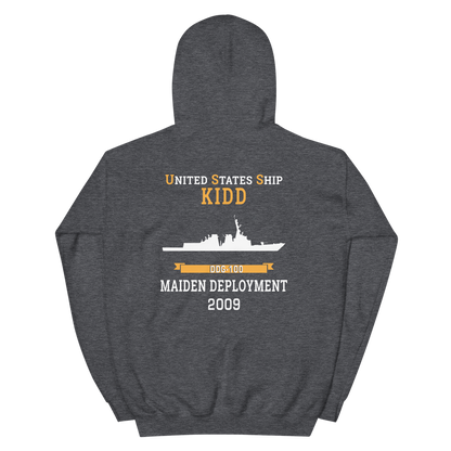 USS Kidd (DDG-100) 2009 MAIDEN DEPLOYMENT Unisex Hoodie – back view, heather