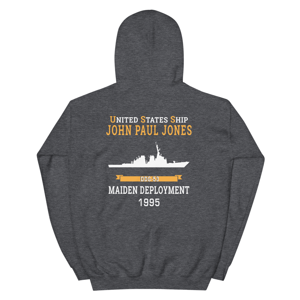 USS John Paul Jones (DDG-53) 1995 MAIDEN DEPLOYMENT Unisex Hoodie – back view, heather