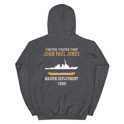 USS John Paul Jones (DDG-53) 1995 MAIDEN DEPLOYMENT Unisex Hoodie – back view, heather