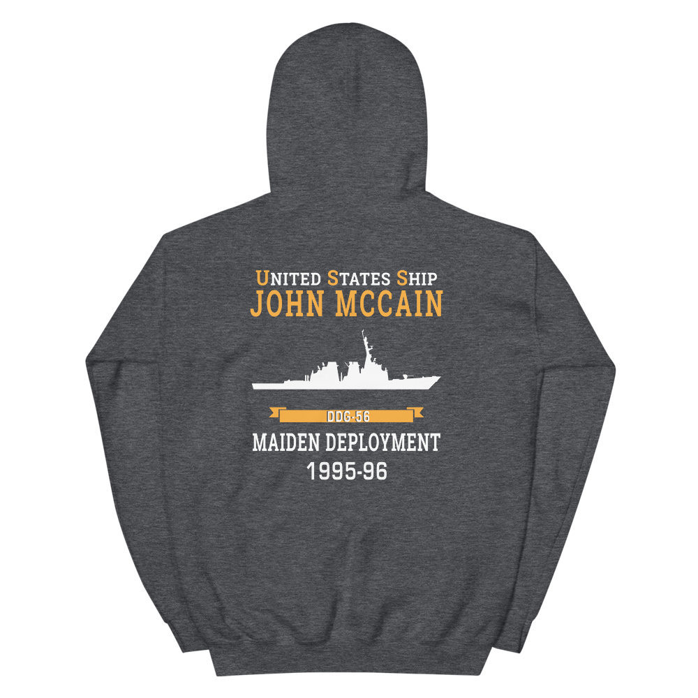 USS John S. McCain (DDG-56) 1995-96 MAIDEN DEPLOYMENT Unisex Hoodie – back view, heather
