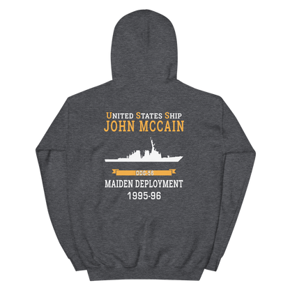 USS John S. McCain (DDG-56) 1995-96 MAIDEN DEPLOYMENT Unisex Hoodie – back view, heather