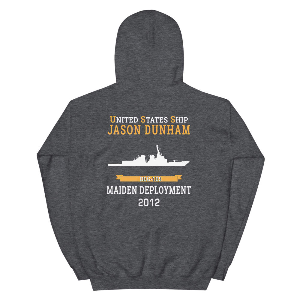 USS Jason Dunham (DDG-109) 2012 MAIDEN DEPLOYMENT Unisex Hoodie – back view, heather
