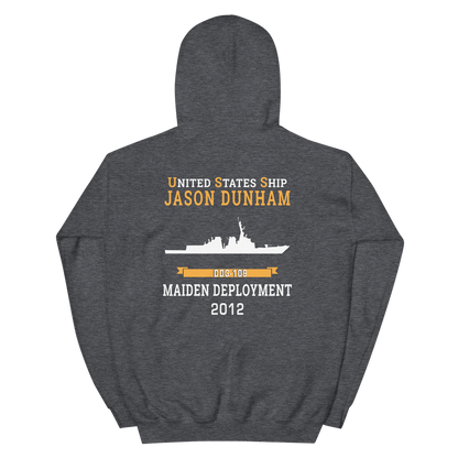 USS Jason Dunham (DDG-109) 2012 MAIDEN DEPLOYMENT Unisex Hoodie – back view, heather