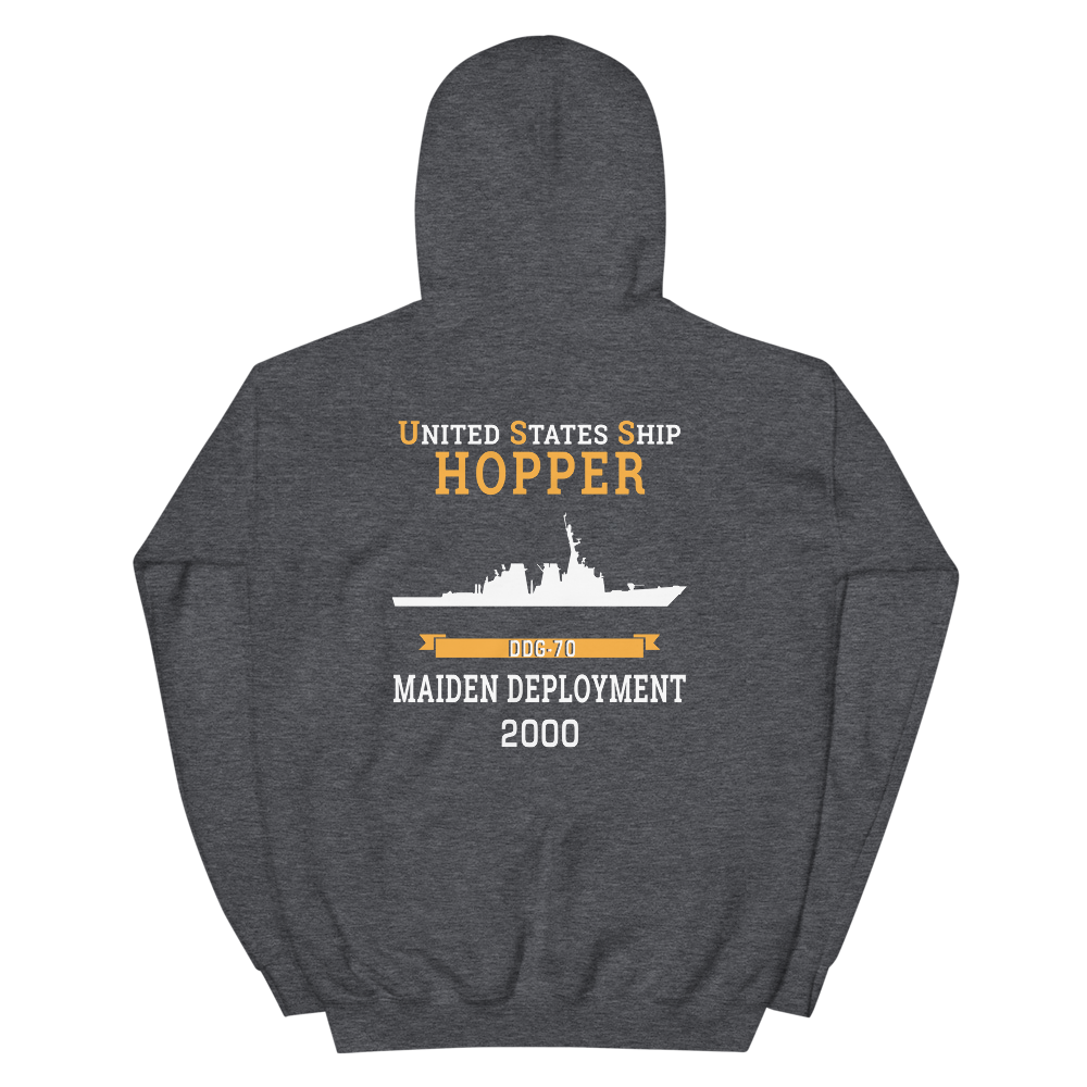 USS Hopper (DDG-70) 2000 MAIDEN DEPLOYMENT Unisex Hoodie – back view, heather