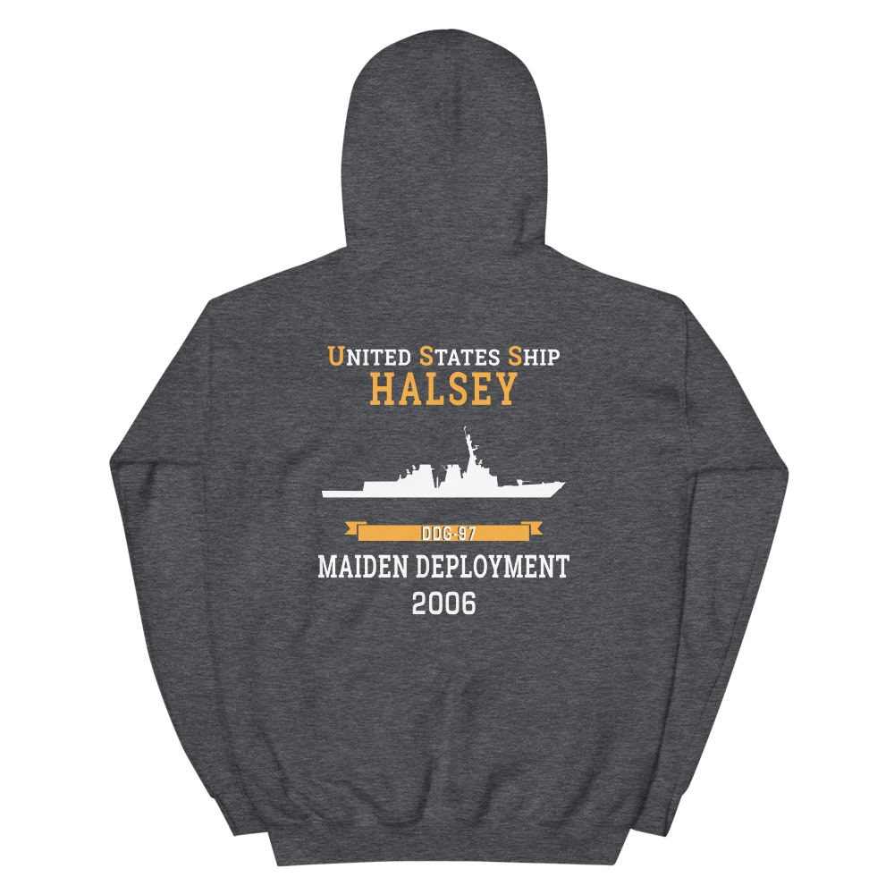 USS Halsey (DDG-97) 2006 MAIDEN DEPLOYMENT Unisex Hoodie – back view, heather