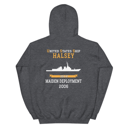 USS Halsey (DDG-97) 2006 MAIDEN DEPLOYMENT Unisex Hoodie – back view, heather