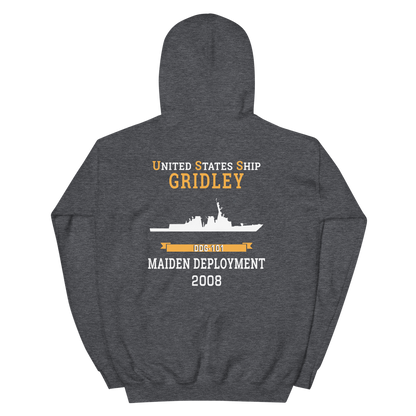 USS Gridley (DDG-101) 2008 MAIDEN DEPLOYMENT Unisex Hoodie – back view, heather