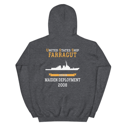 USS Farragut (DDG-99) 2008 MAIDEN DEPLOYMENT Unisex Hoodie – back view, heather