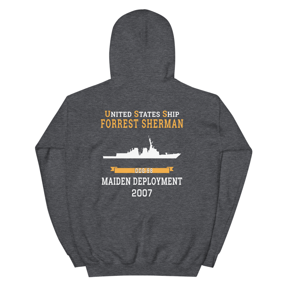 USS Forrest Sherman (DDG-98) 2007 MAIDEN DEPLOYMENT Unisex Hoodie – back view, heather