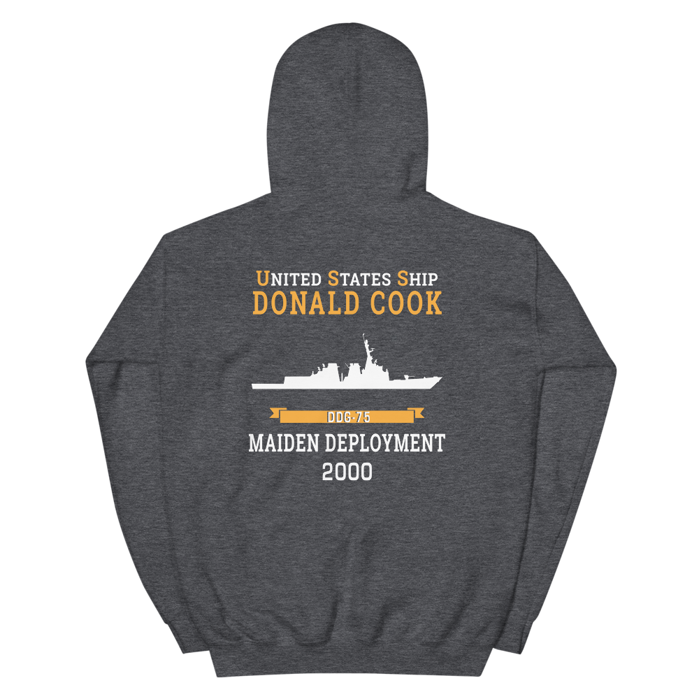 USS Donald Cook (DDG-75) 2000 MAIDEN DEPLOYMENT Unisex Hoodie – back view, heather