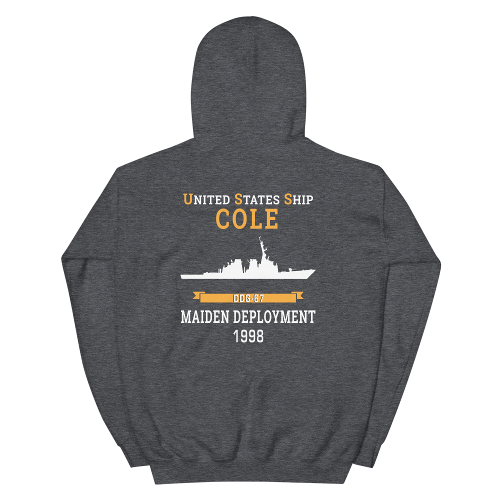 USS Cole (DDG-67) 1998 MAIDEN DEPLOYMENT Unisex Hoodie – back view, heather