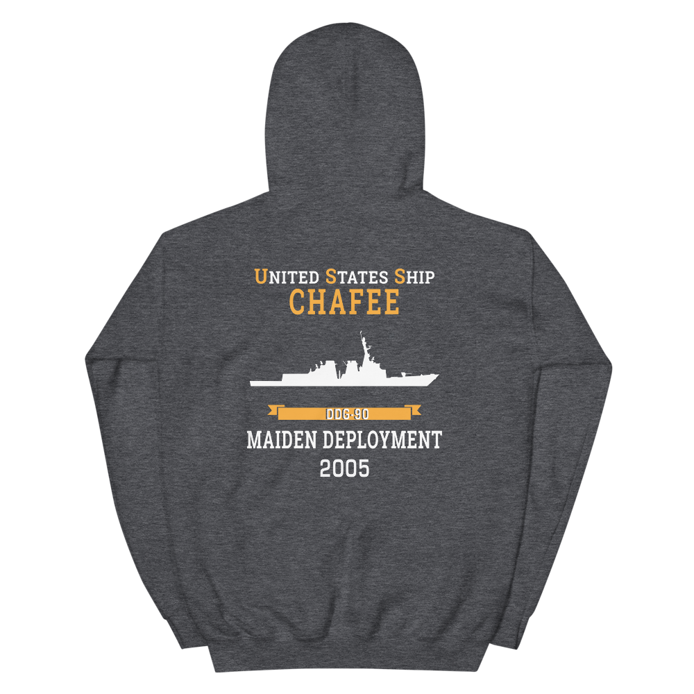USS Chafee (DDG-90) 2005 MAIDEN DEPLOYMENT Unisex Hoodie – back view, heather