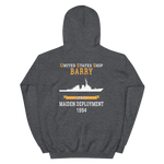 USS Barry (DDG-52) 1994 MAIDEN DEPLOYMENT Unisex Hoodie – back view, heather