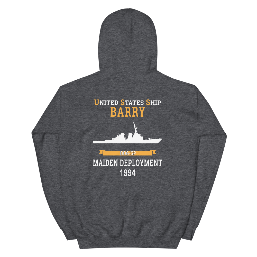 USS Barry (DDG-52) 1994 MAIDEN DEPLOYMENT Unisex Hoodie – back view, heather