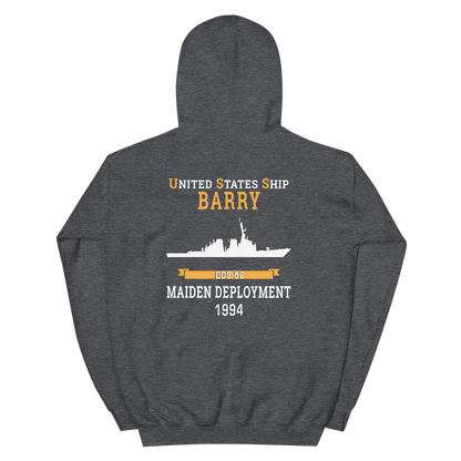 USS Barry (DDG-52) 1994 MAIDEN DEPLOYMENT Unisex Hoodie – back view, heather