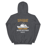 USS Gettysburg (CG-64) 1992-93 Maiden Deployment Hoodie – back view, heather