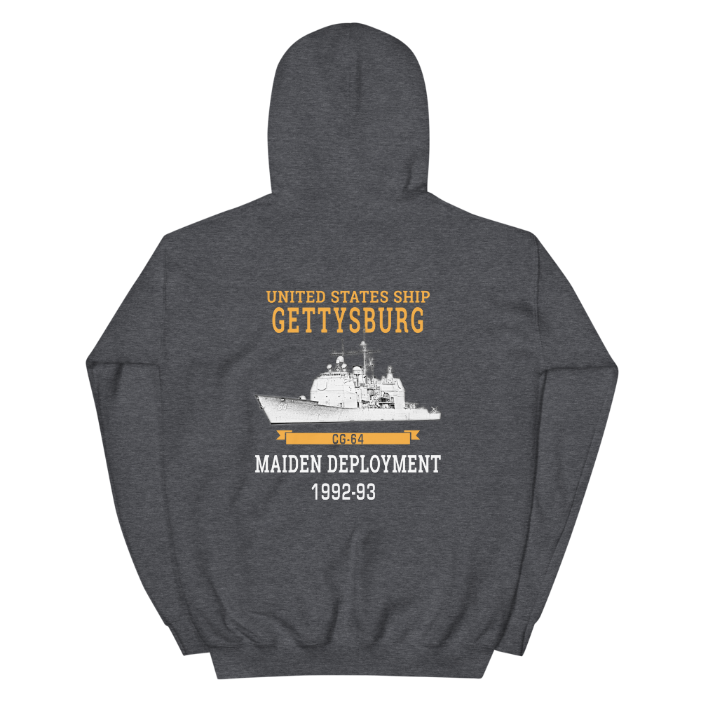 USS Gettysburg (CG-64) 1992-93 Maiden Deployment Hoodie – back view, heather