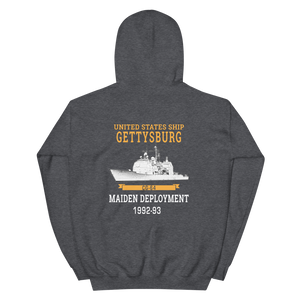 USS Gettysburg (CG-64) 1992-93 Maiden Deployment Hoodie – back view, heather