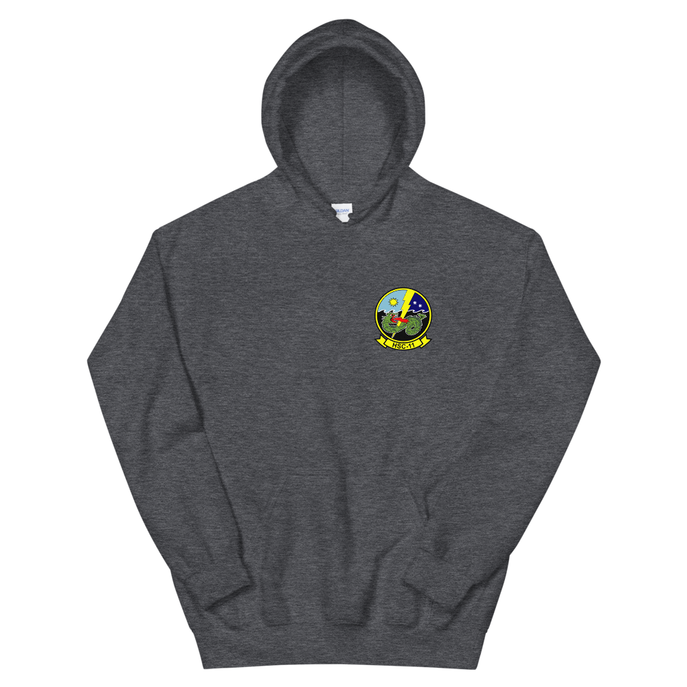 HSC-11 Dragonslayers Squadron Crest Unisex Hoodie – front view, heather
