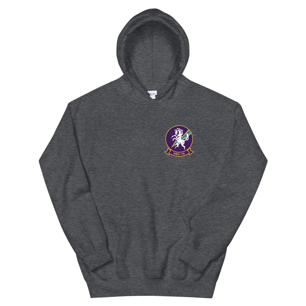 HSC-14 Chargers Squadron Crest Unisex Hoodie – front view, heather