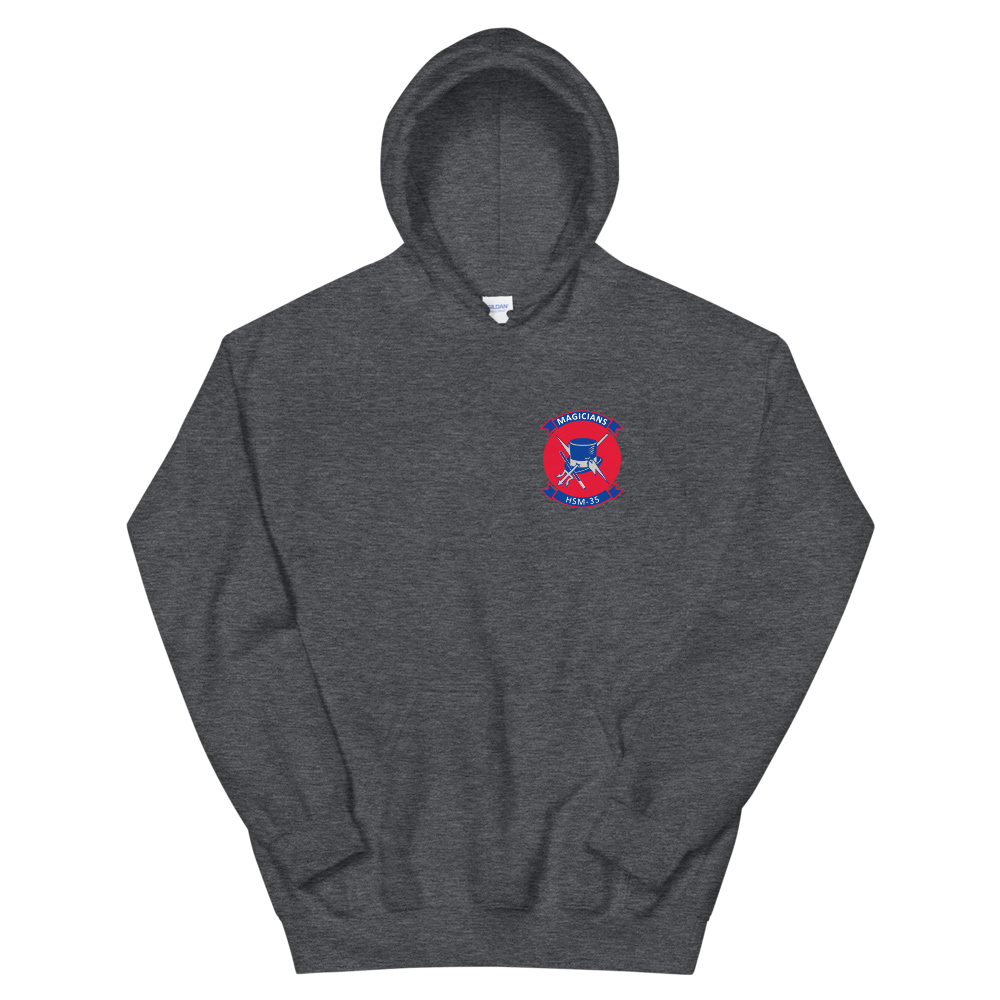 HSM-35 Magicians Squadron Crest Unisex Hoodie – front view, heather