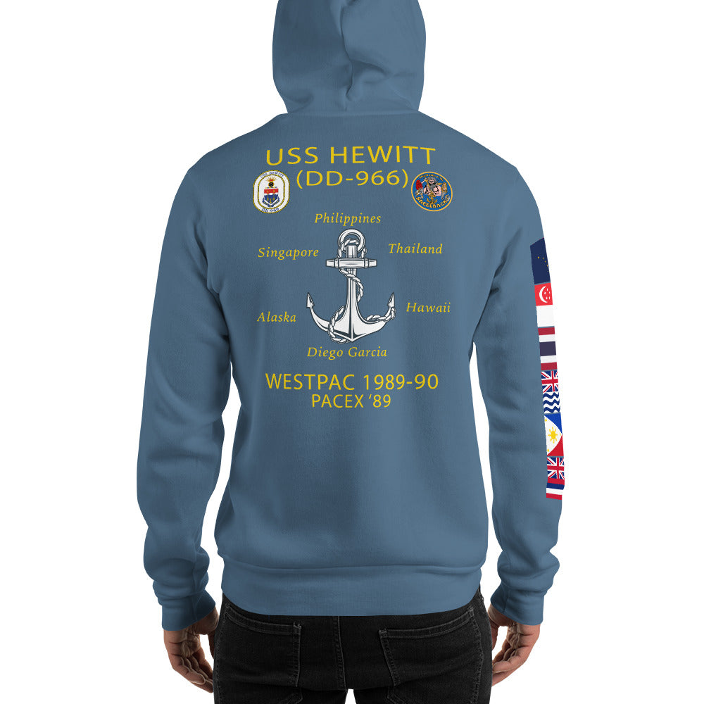 USS Hewitt (DD-966) 1989-90 Cruise Hoodie - FLAGS ON SLEEVE – indigo