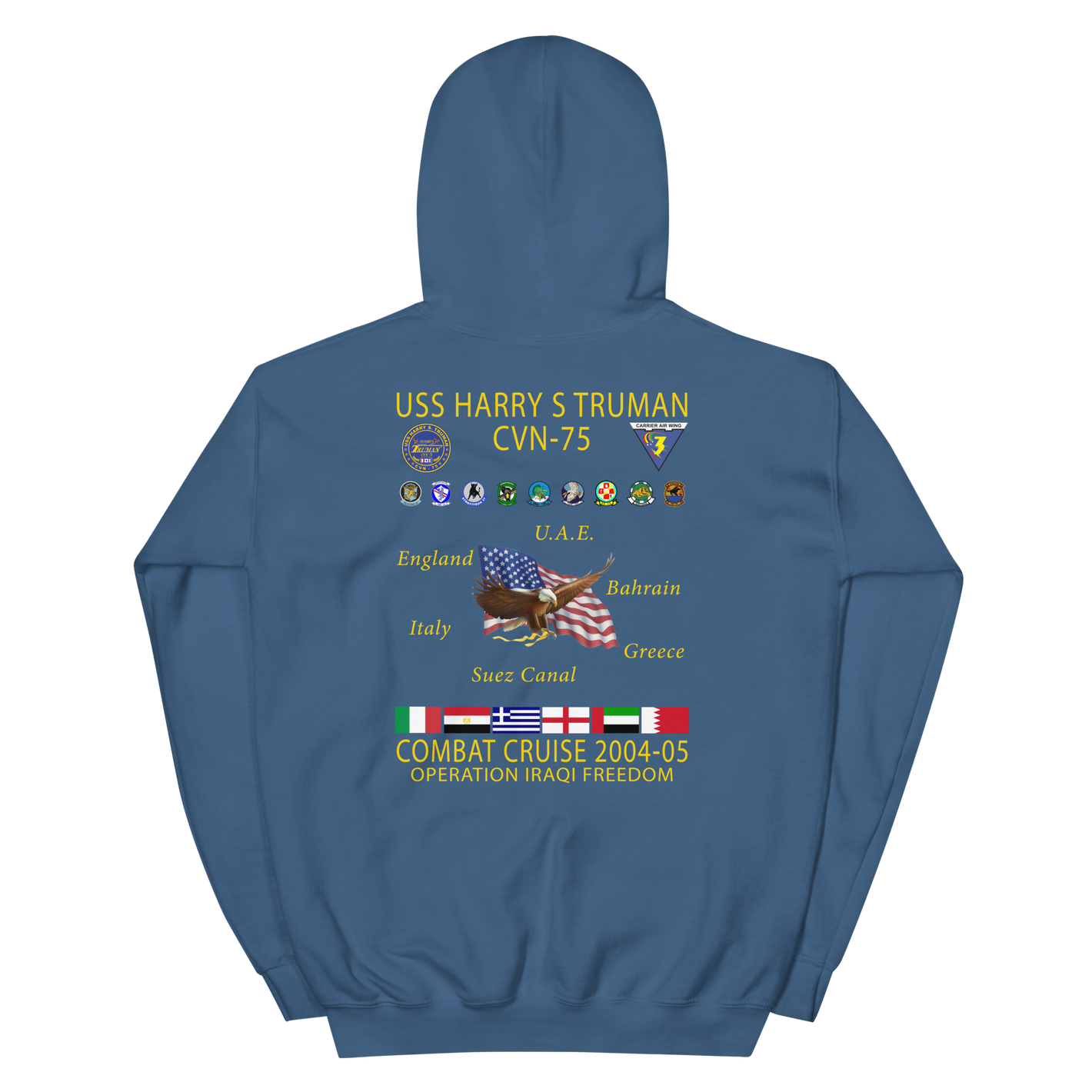USS Harry S. Truman (CVN-75) 2004-05 Cruise Hoodie – back view, indigo