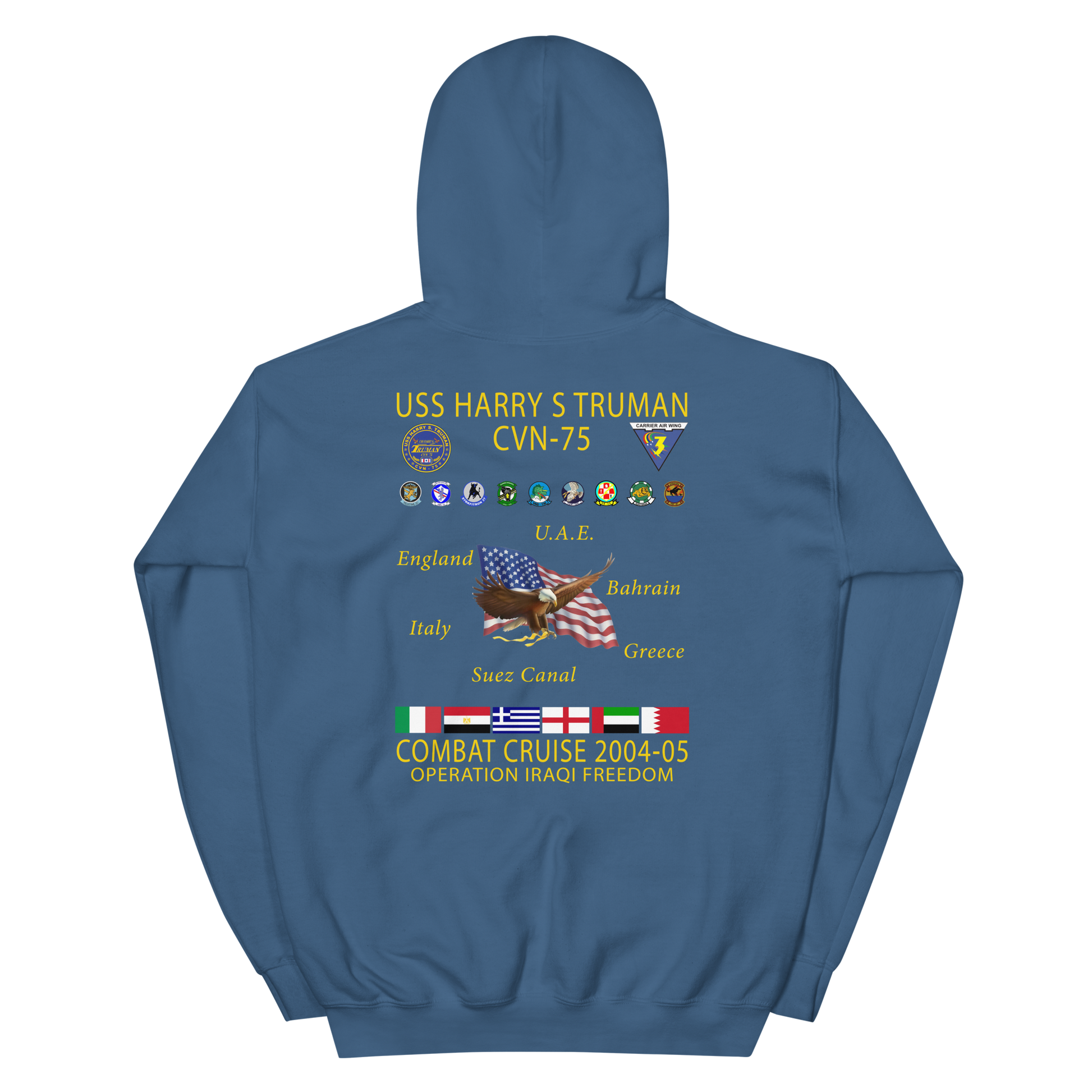 USS Harry S. Truman (CVN-75) 2004-05 Cruise Hoodie – back view, indigo
