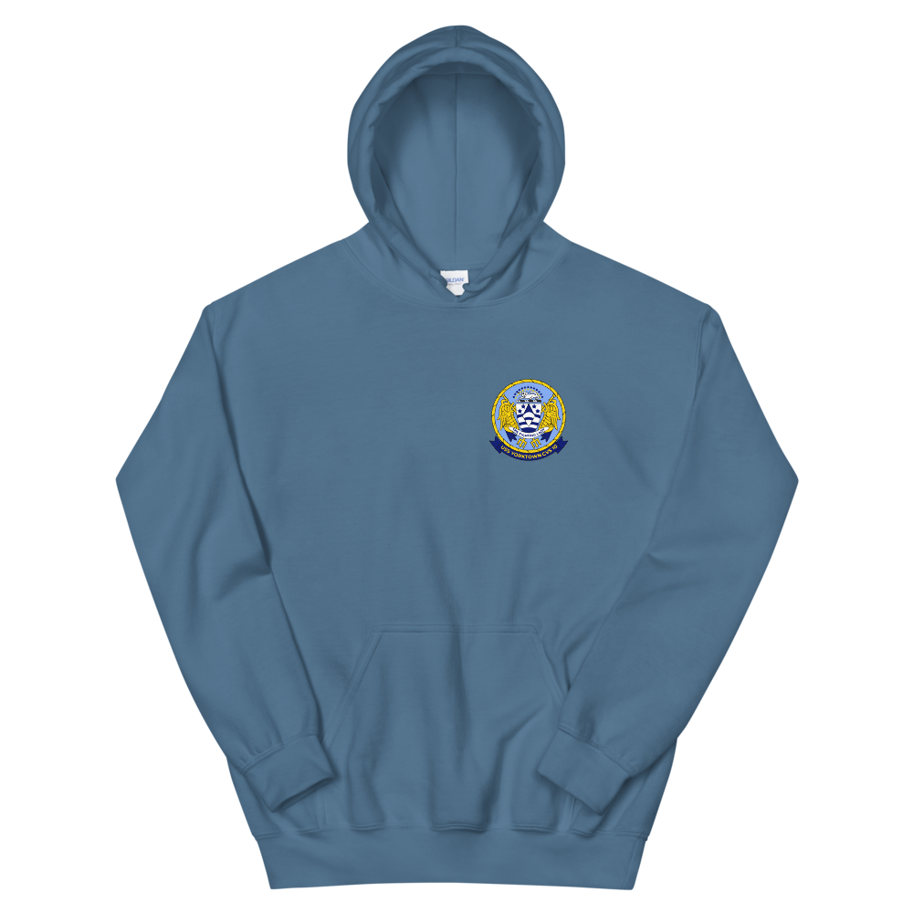 USS Yorktown (CVS-10) Ship's Crest Hoodie – front view, indigo