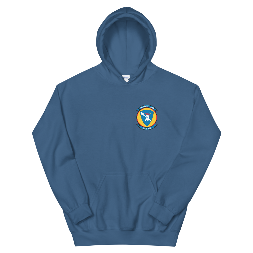 VFA-106 Gladiators Squadron Crest Unisex Hoodie – front view, indigo