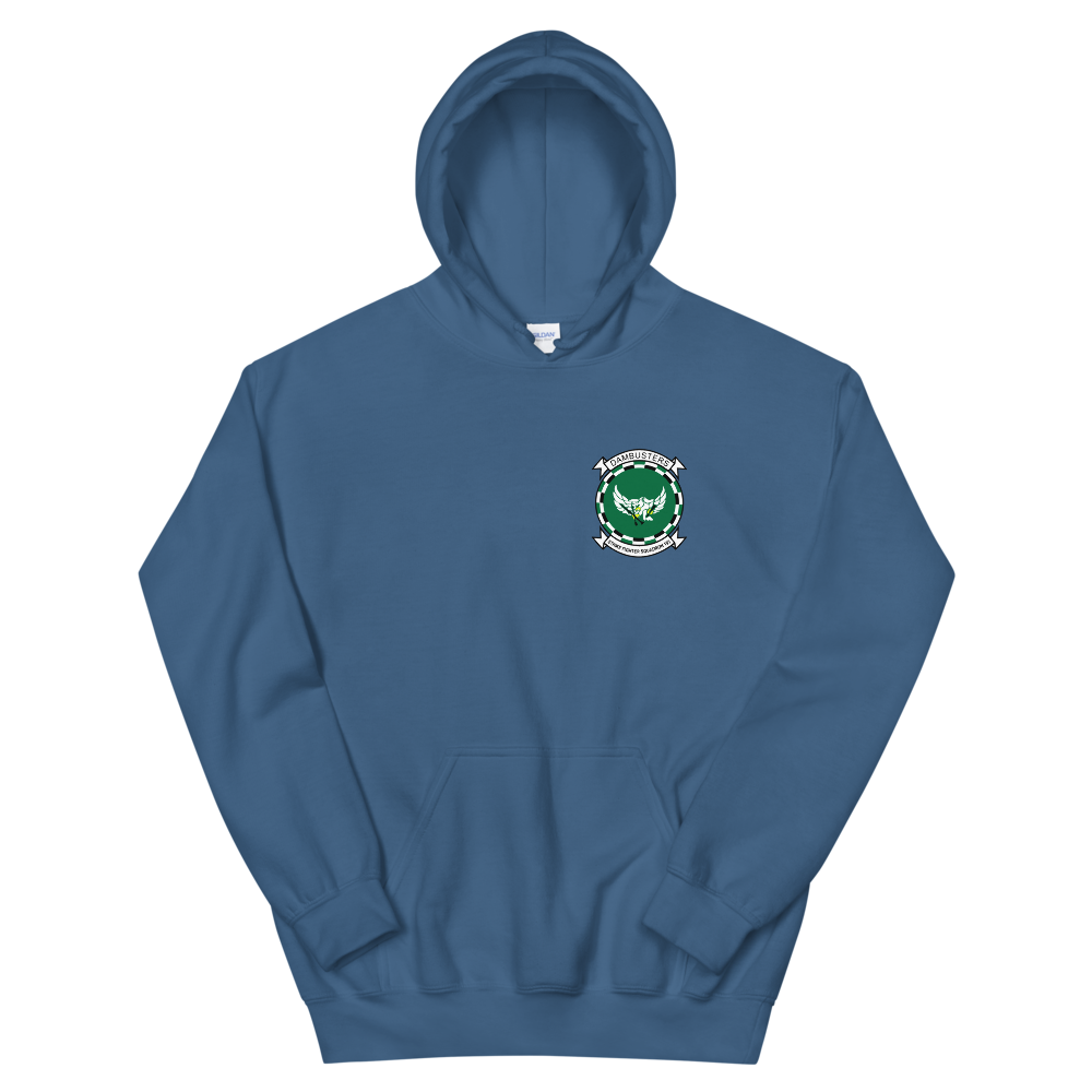 VFA-195 Dambusters Squadron Crest Unisex Hoodie – front view, indigo