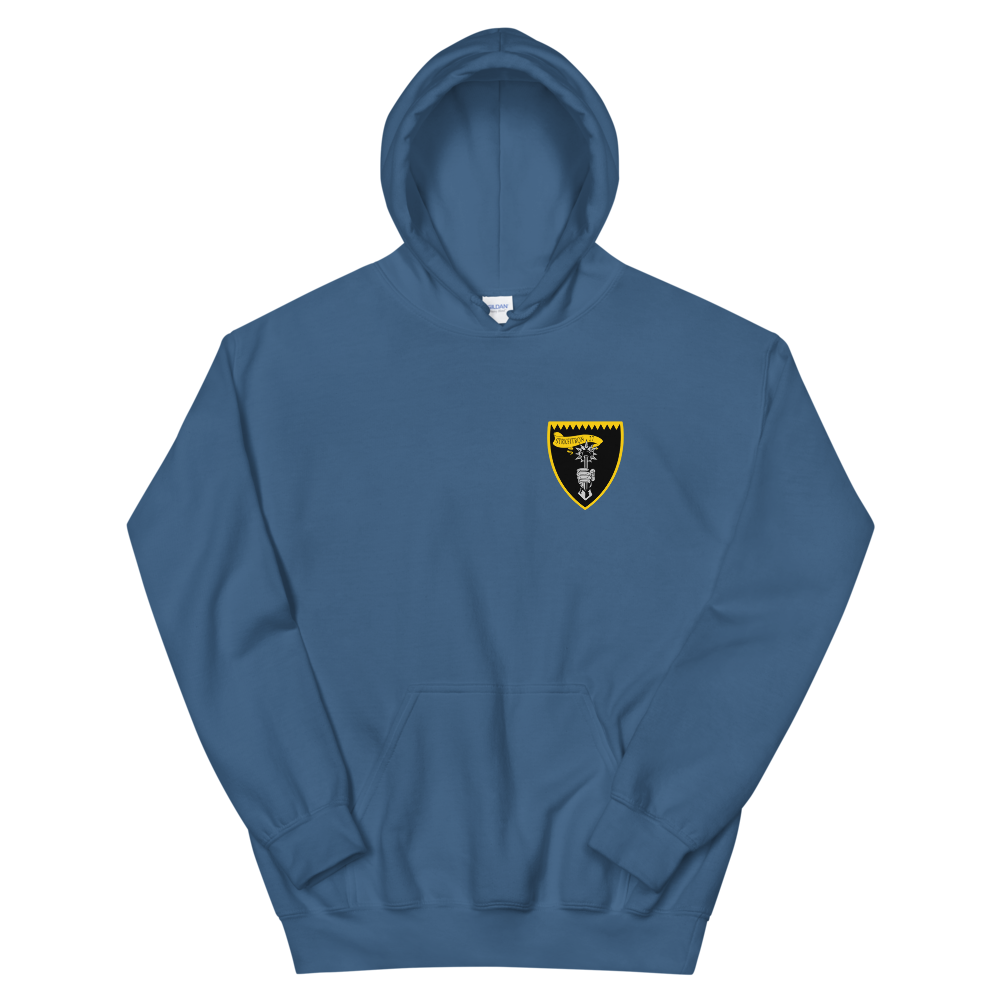 VFA-27 Royal Maces Squadron Crest Unisex Hoodie – front view, indigo