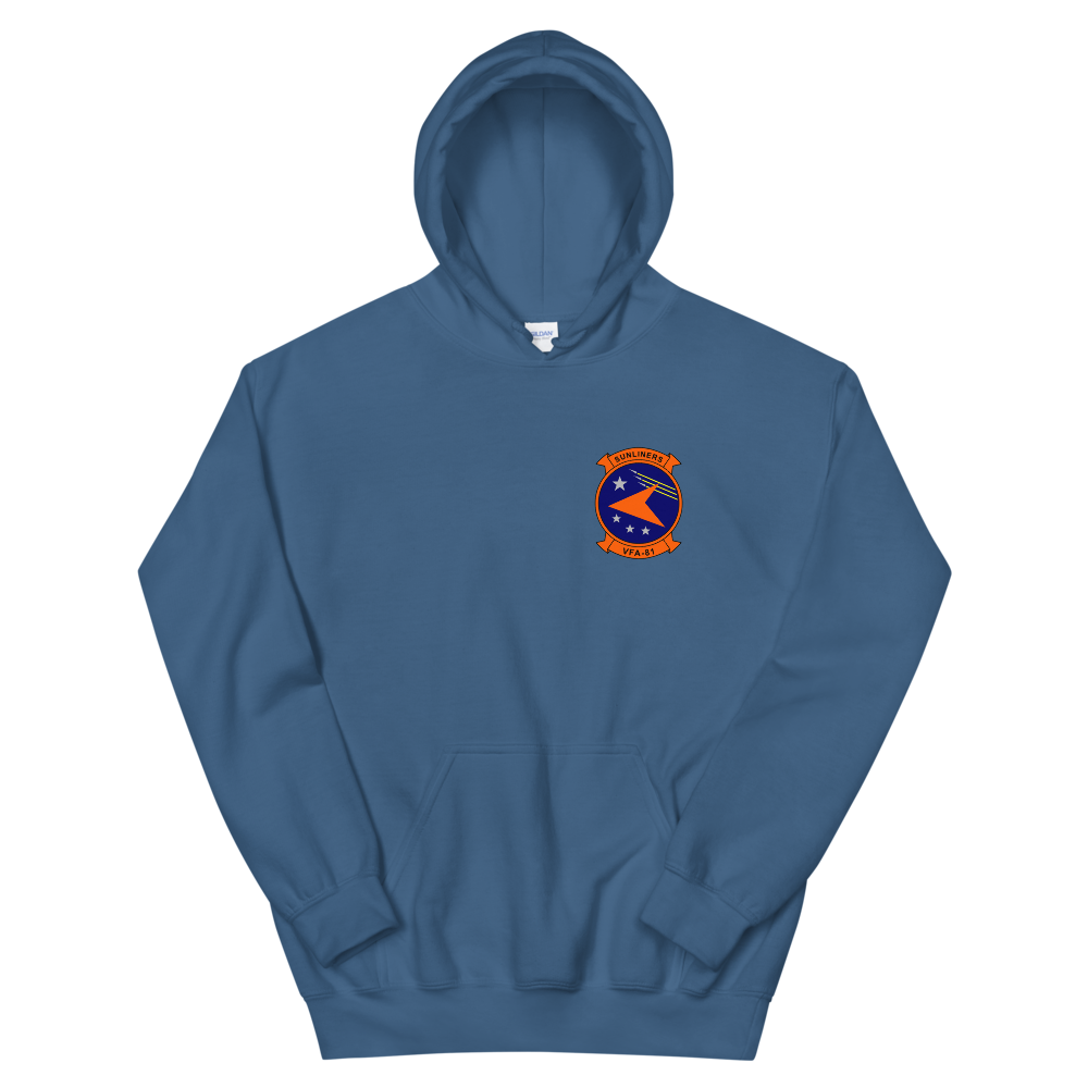 VFA-81 Sunliners Squadron Crest Unisex Hoodie – front view, indigo
