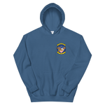 VFA-122 Flying Eagles Squadron Crest Unisex Hoodie – front view, indigo