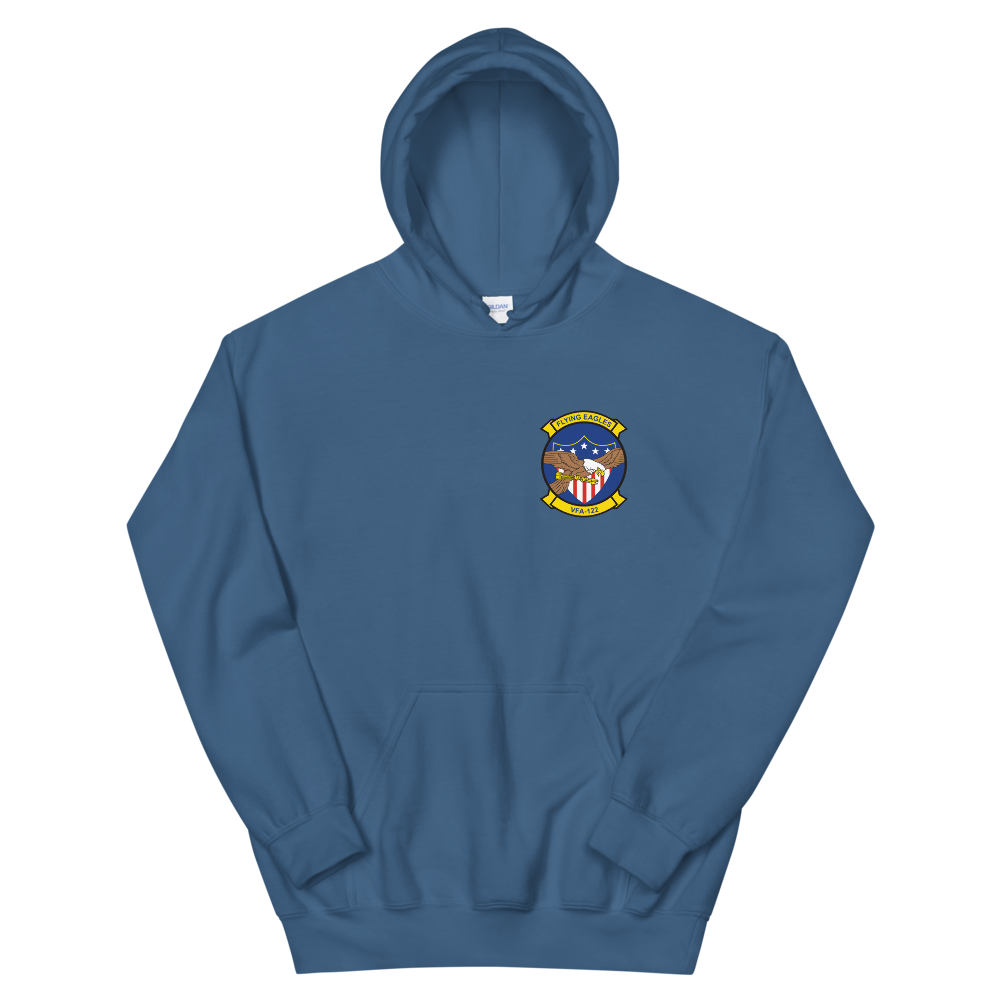 VFA-122 Flying Eagles Squadron Crest Unisex Hoodie – front view, indigo