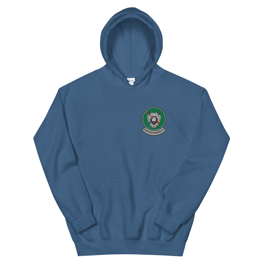 VFA-125 Rough Raiders Squadron Crest Unisex Hoodie – front view, indigo