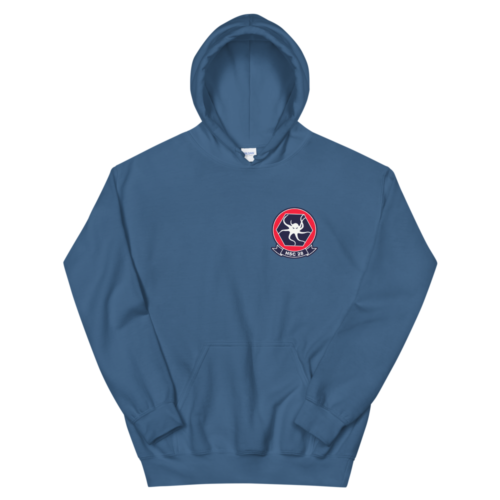 HSC-28 Dragon Whales Squadron Crest Unisex Hoodie – front view, indigo