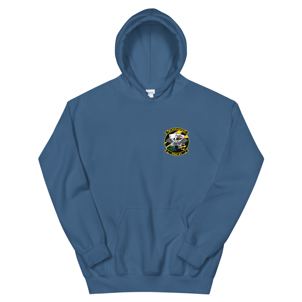 HSC-21 Blackjacks Squadron Crest Unisex Hoodie – front view, indigo
