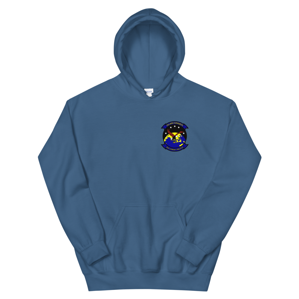 HSC-25 Island Knights Squadron Crest Unisex Hoodie – front view, indigo