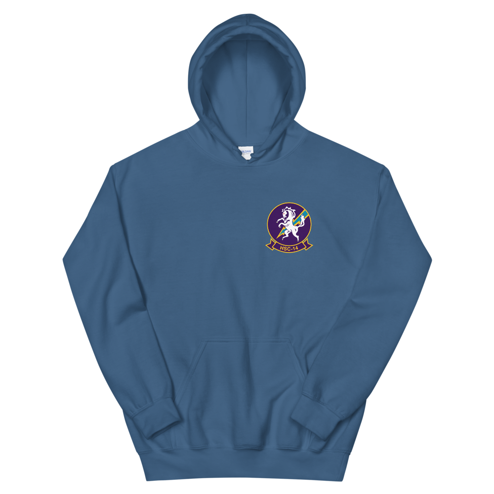 HSC-14 Chargers Squadron Crest Unisex Hoodie – front view, indigo
