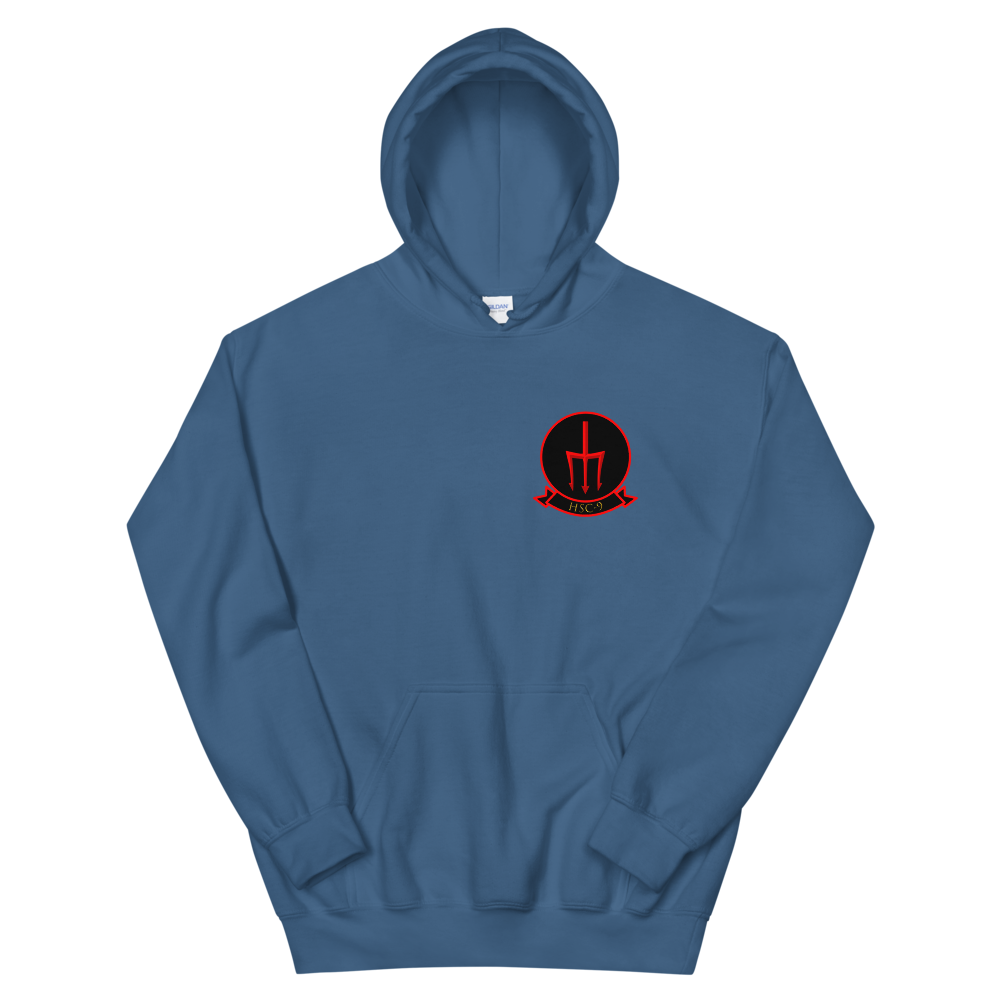 HSC-9 Tridents Squadron Crest Unisex Hoodie – front view, indigo