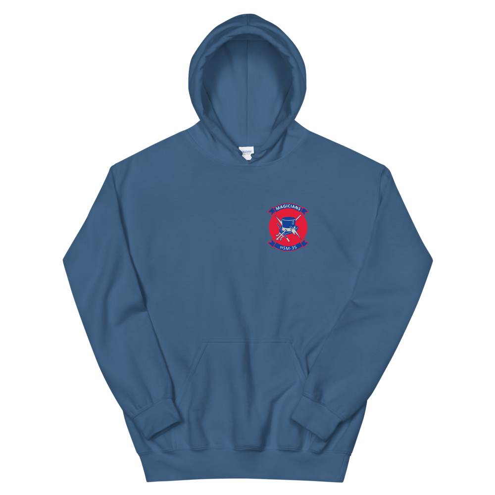 HSM-35 Magicians Squadron Crest Unisex Hoodie – front view, indigo