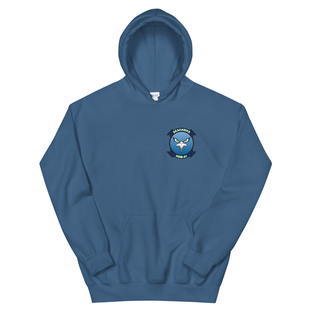 HSM-41 Seahawks Squadron Crest Unisex Hoodie – front view, indigo